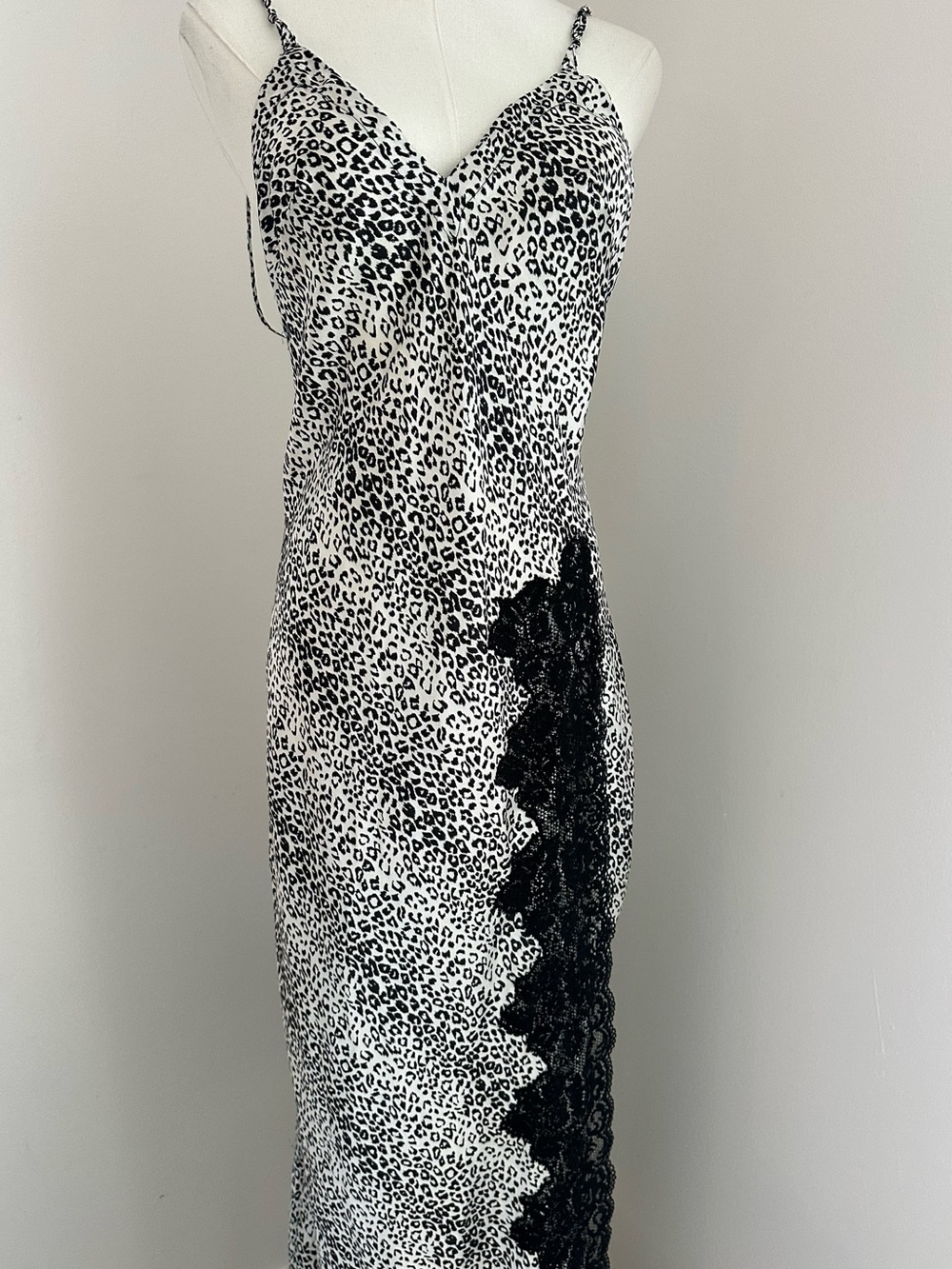 La Perla x Marvel Black & White Leopard silky  Slip maxi Dress with Black Lace